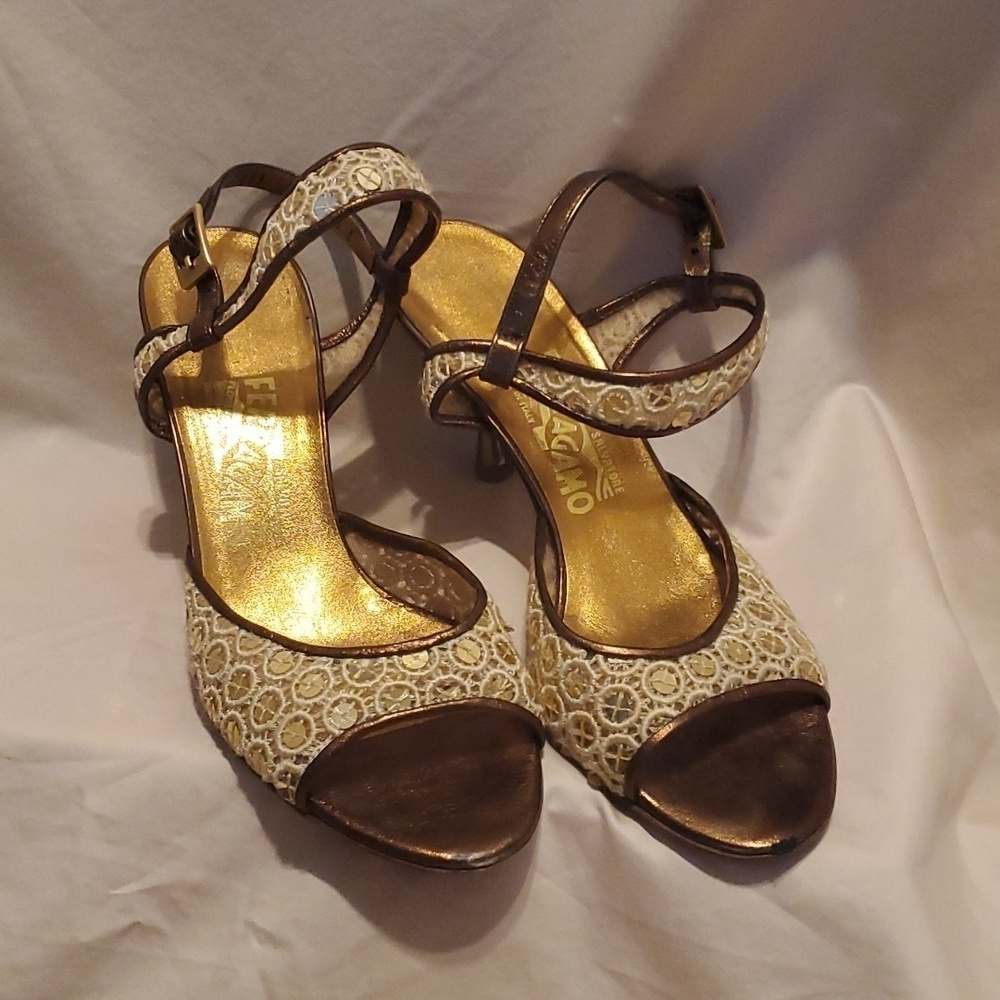Salvatore Ferragamo Gold and Sequin Heels SZ 7.5